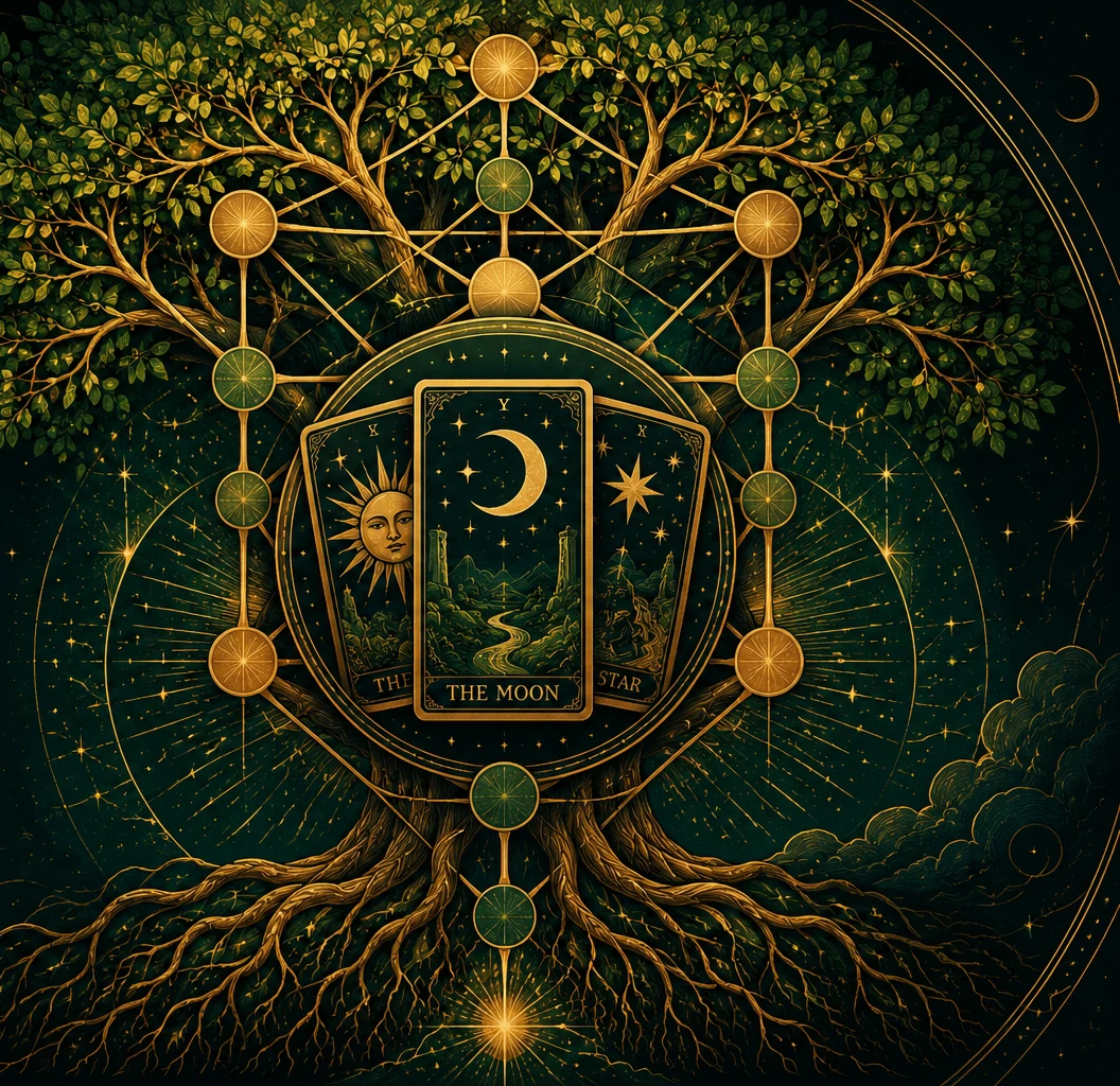 An illustrated Tree of Life with golden branches and roots surrounding three tarot cards, in the Sage & Stone brand style